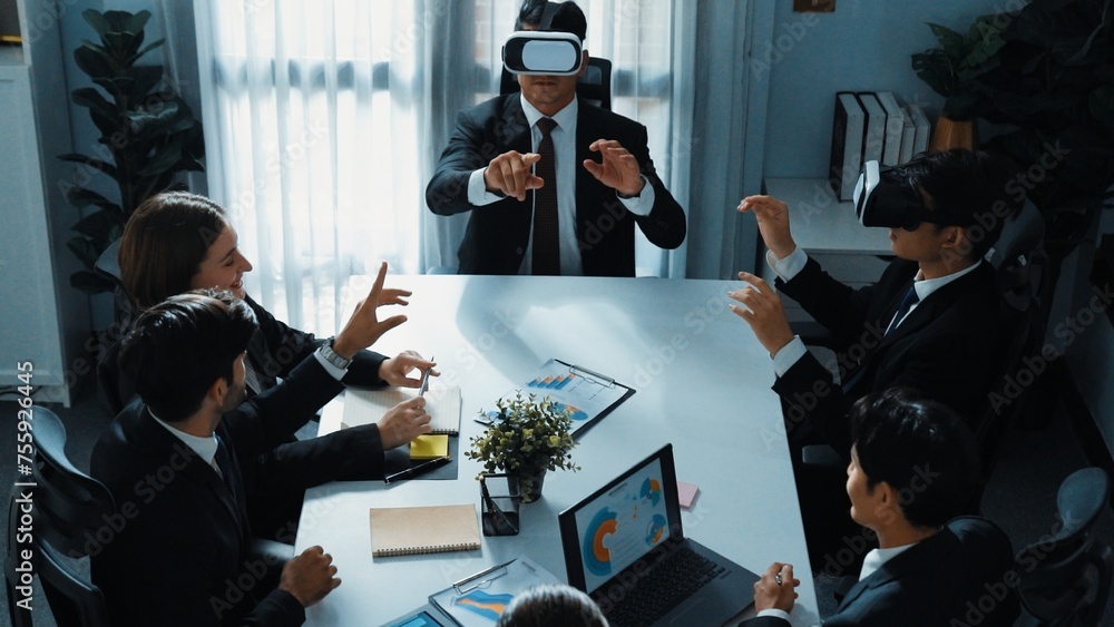 Poster top view of manager working on laptop and sending data analysis to business people by using vr glass