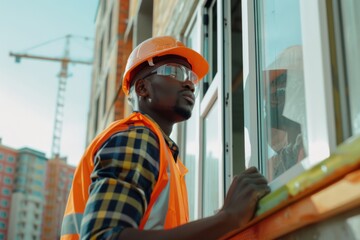 Man installing windows in a building. African american man. International Labor Day, Workers Day, May Day. Design for banner, poster 