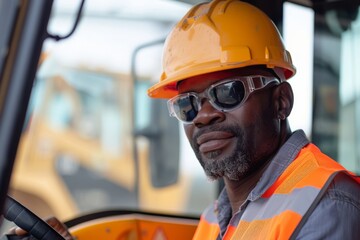 Construction operator in a bulldozer at a construction site. African american man. International Labor Day, Workers Day, May Day. Design for banner, poster. 