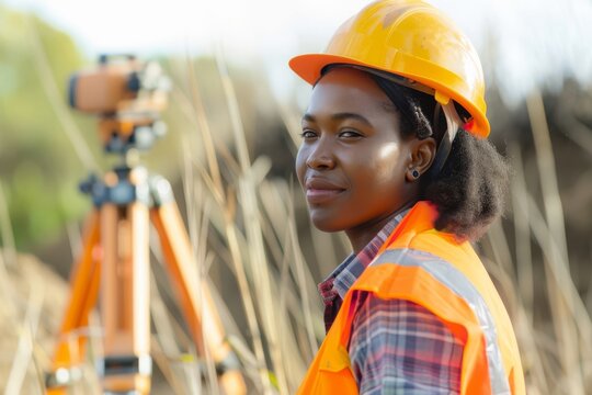 Female surveyor with theodolite equipment on field work. African american woman. International Labor Day, Workers Day, May Day. Design for banner, poster. 