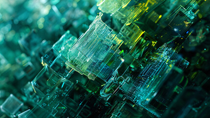 Intricate green and yellow circuit boards and components, illuminated, showcasing technology’s complexity