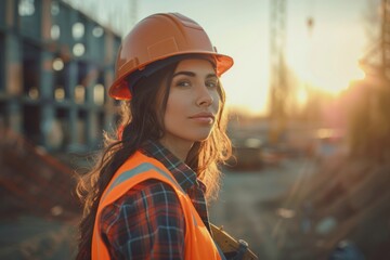 Construction worker at a building site. International Labor Day, Workers Day, May Day. Design for banner, poster. 