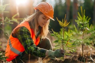 Female engineer planting a tree. International Labor Day, Workers Day, May Day. Design for banner, poster. Eco-friendly lifestyle concept - obrazy, fototapety, plakaty
