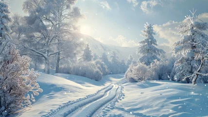 Poster Snowy winter path with tire tracks in forest - Breathtaking view of a pristine snowy path with tire tracks winding through a serene forest landscape at sunset © Tida