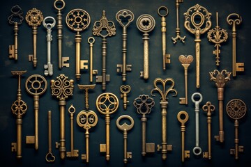 A collection of vintage keys of various shapes and sizes