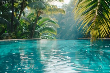 Tropical pool among lush palm trees and plants - Idyllic and lush tropical pool setting, surrounded by abundant palm trees and plants, conveying serenity