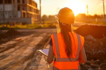 Engineer with clipboard at sunset on construction site. International Labor Day, Workers Day, May Day. Design for banner, poster 