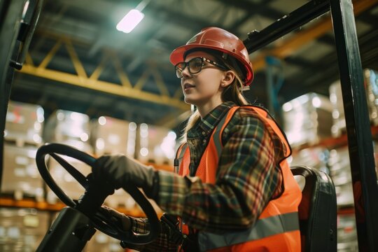 Female worker operating a forklift in a warehouse. International Labor Day, Workers Day, May Day. Design for banner, poster. Logistics concept - Powered by Adobe