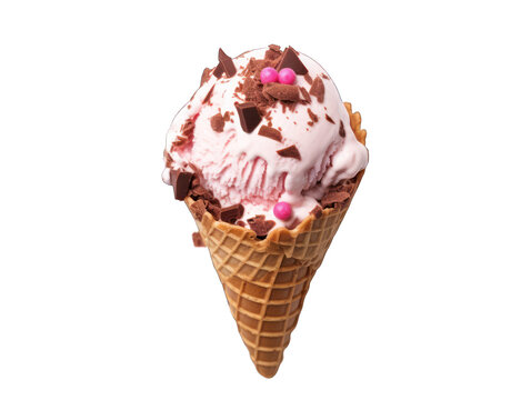 Fruit ice cream with chocolate sauce in a cown isolated on transparent background, transparency image, removed background