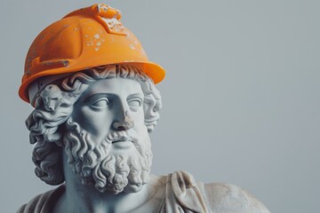 Statue head wearing safety helmet on gray background. International Labor Day, Workers Day, May Day concept. Design for banner, poster with copy space. Ancient greek sculpture