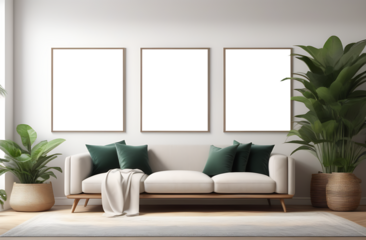 Three poster, wall art mockups, framed pictures set, home art gallery in living room. over sofa