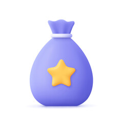 Money bag with star. Cash, interest rate, business and finance, return on investment, financial solution, prepayment and down payment concept. 3d vector icon. Cartoon minimal style.