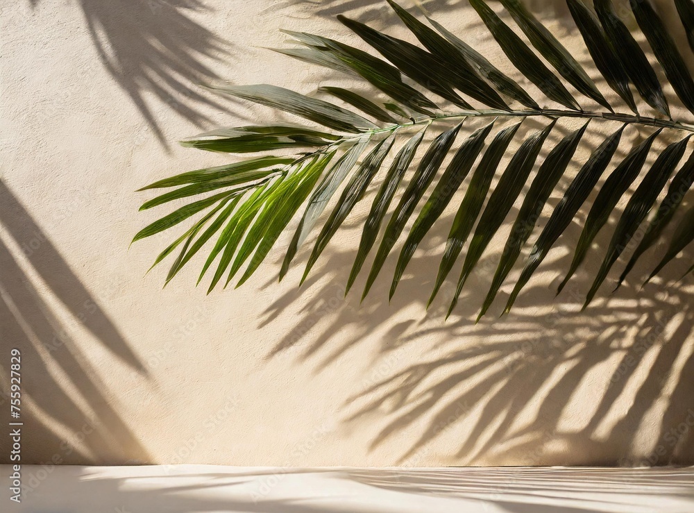 Wall mural blurred shadow from palm leaves on light cream wall. minimalistic beautiful summer spring background