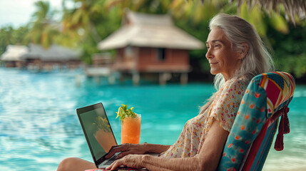 Senior woman sitting on a colorful beach chair, with a laptop and a tropical drink nearby. Digital nomad freedom and inspiration of working remotely