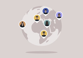 Global Connections, Diverse Avatars United on a Digital Earth, A variety of character pins on a stylized globe representing worldwide social interaction