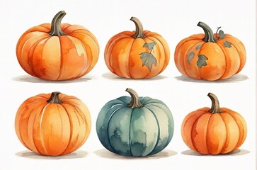 Watercolor hand-drawn illustration. Composition of pumpkins. Autumn illustration. Illustration for Thanksgiving. AI generated