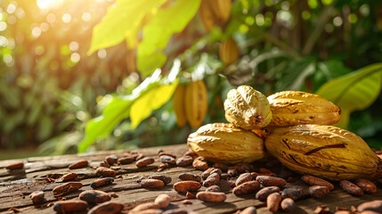 Cocoa beans with fresh pods