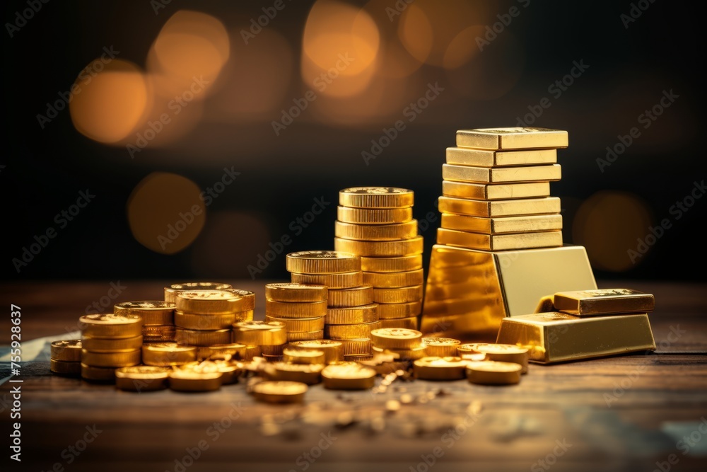 Poster a stack of gold bars on a chart illustrating financial progress and development