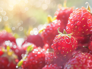 Vibrant red strawberries glistening with dew drops, bathed in warm sunlight with a sparkling bokeh effect