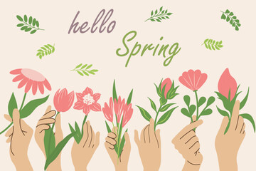 Fototapeta na wymiar Hello spring quotes. Floral springtime hand drawn prints design. Positive phrases for stickers, postcards or posters