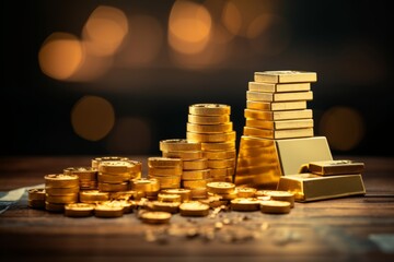 A stack of gold bars on a chart illustrating financial progress and development