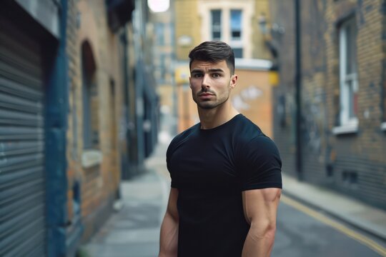 professional male fitness model in black tshirt standing on the street