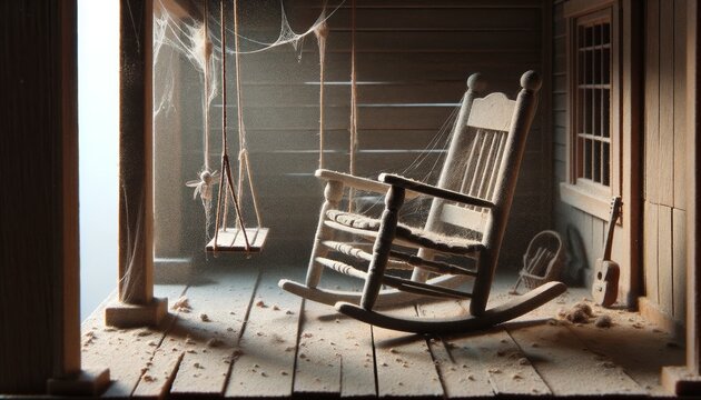 Dilapidated wooden cabin interior with rocking chair and cobweb