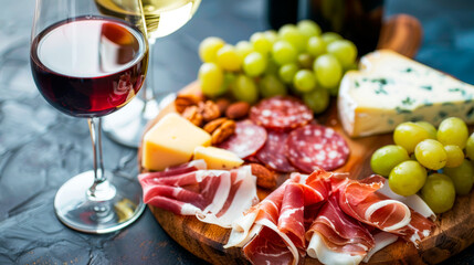 Two glasses of wine with cheese and cold cuts. - obrazy, fototapety, plakaty