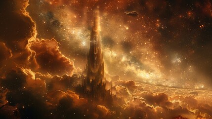 A grand tower stands tall amidst swirling clouds and twinkling stars. - obrazy, fototapety, plakaty