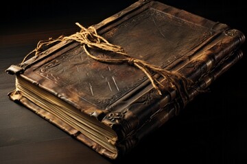 A weathered antique book with a leather cover