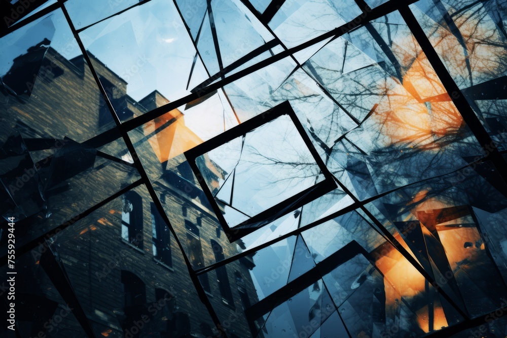 Poster an abstract image of a distorted window view, distorting reality outside
