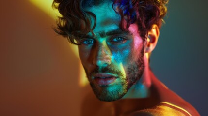 Portrait of a young man model in neon colors. A highlight of color on the face. Chromatic aberration in fashion editorial.