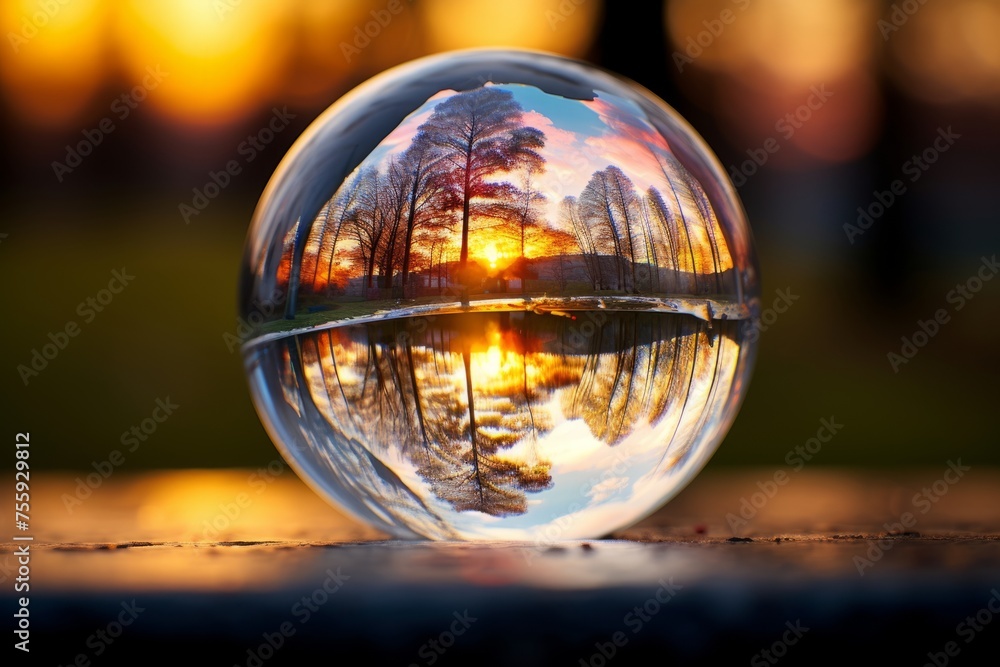 Poster an offbeat view of a reflection in a soap bubble, distorting the world