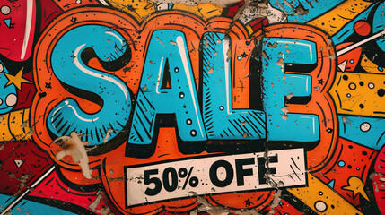 Comic lettering "SALE 50% OFF" SALE in the speech bubble comic style