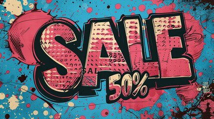 Comic lettering "SALE 50% OFF" SALE in the speech bubble comic style