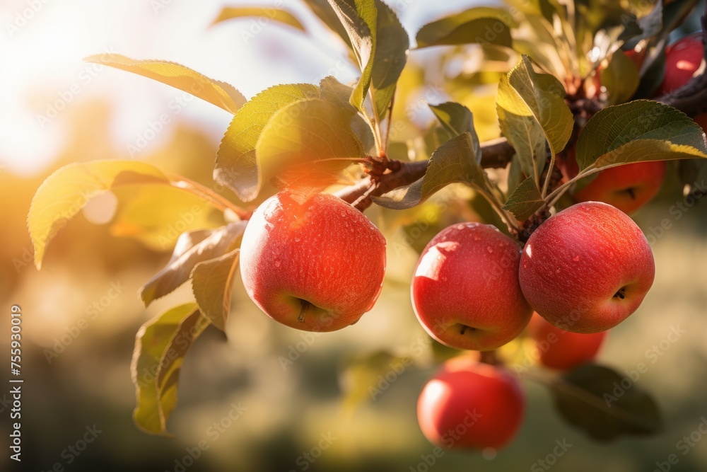 Poster apples on a tree branch in an orchard