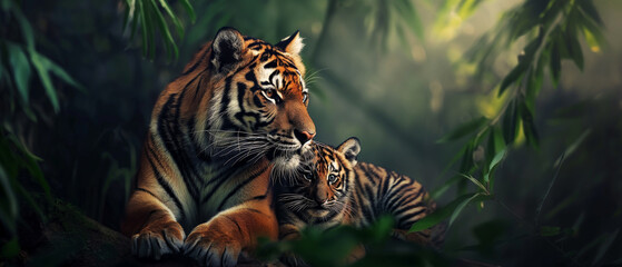 Tigre e seu filhote na natureza - obrazy, fototapety, plakaty