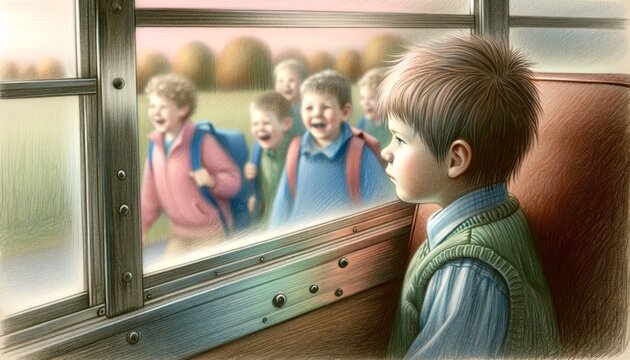 Young boy gazing out from a school bus