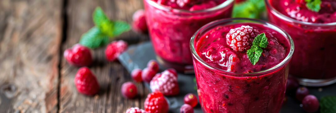 Frozen red berry smoothie in a glass, perfect for a nutritious morning meal.