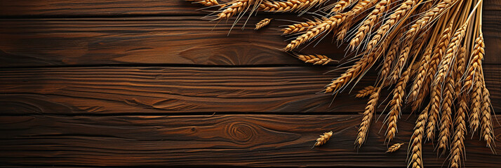 Golden wheat ears on dark wooden background. Top view of ripe grains. Harvest, agriculture, farming...
