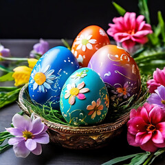Fototapeta premium multicolored bright eggs made for Easter on the background of flowers
