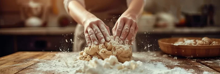 Fotobehang Hands kneading dough on a floured wood surface, flour dust in motion, baking process, fresh ingredients visible, culinary art, home cooking, chef in apron, pastry preparation, kitchen table. Banner. © AI_images