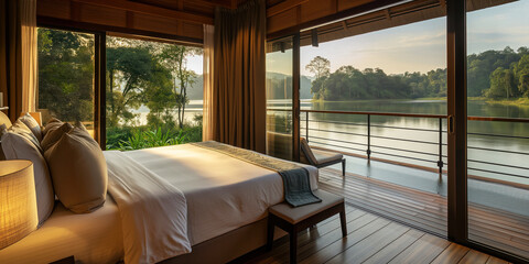 Tranquil Lakeside Retreat Offering Serene Sunset Panoramas and Luxury. Banner with copy space