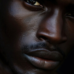 Captivating Close-Up Portrait of an African American Man Highlighting Elegant Features and Intense Gaze