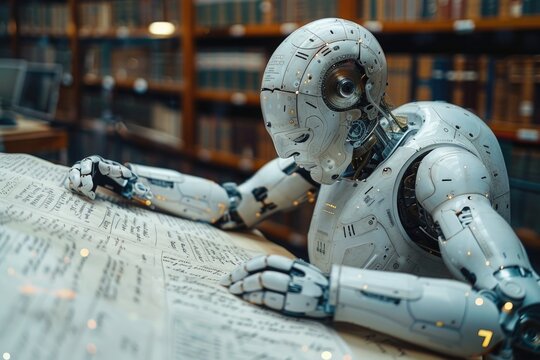 A robot engrossed in reading a book amidst the rows of shelves in a library.