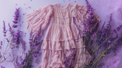 A delicate pink dress gracefully rests on a bed of vibrant purple blossoms