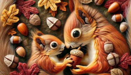Fototapeta na wymiar Autumn-themed illustration of squirrel and acorns