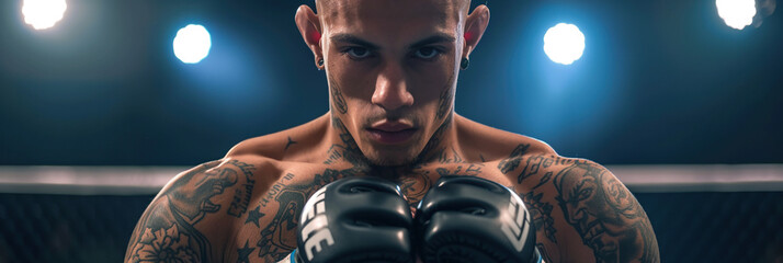 Tattooed Latin mixed martial artist with gloves standing in a ring, focused before a fight, intense...