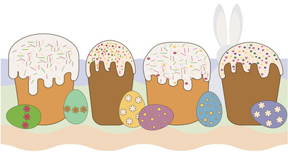 Set of four Easter cupcakes and colored eggs in cartoon style. Vector illustration for holiday banner, postcard, flyer design