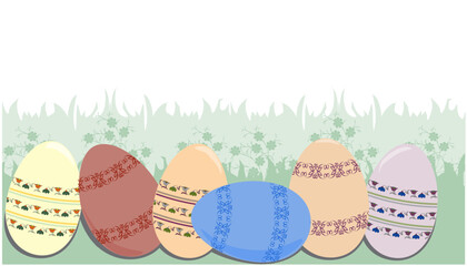 Easter pattern with colored eggs on green grass. Vector illustration for postcard, banner, cover design